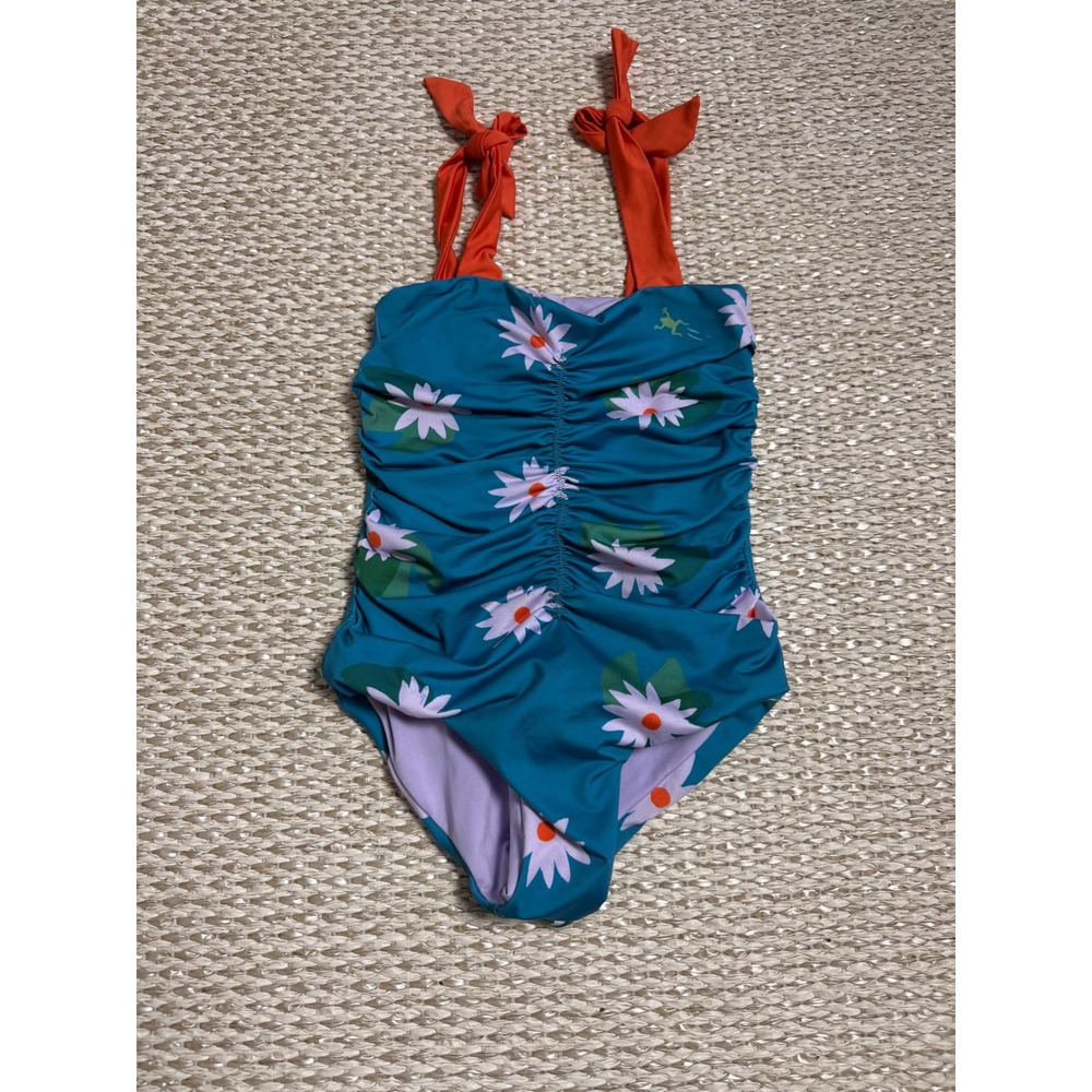 Pepita & Me Girls Teal Floral Ruched One Piece Swimsuit Orange Tie Straps Size 6